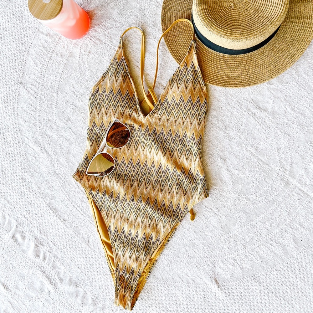SOLD  Forever 21 yellow chevron baywatch cut one piece swimsuit.